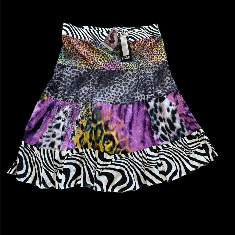 Kessley  Purple Yellow Animal Print A-Line lined cotton Skirt size L brand new